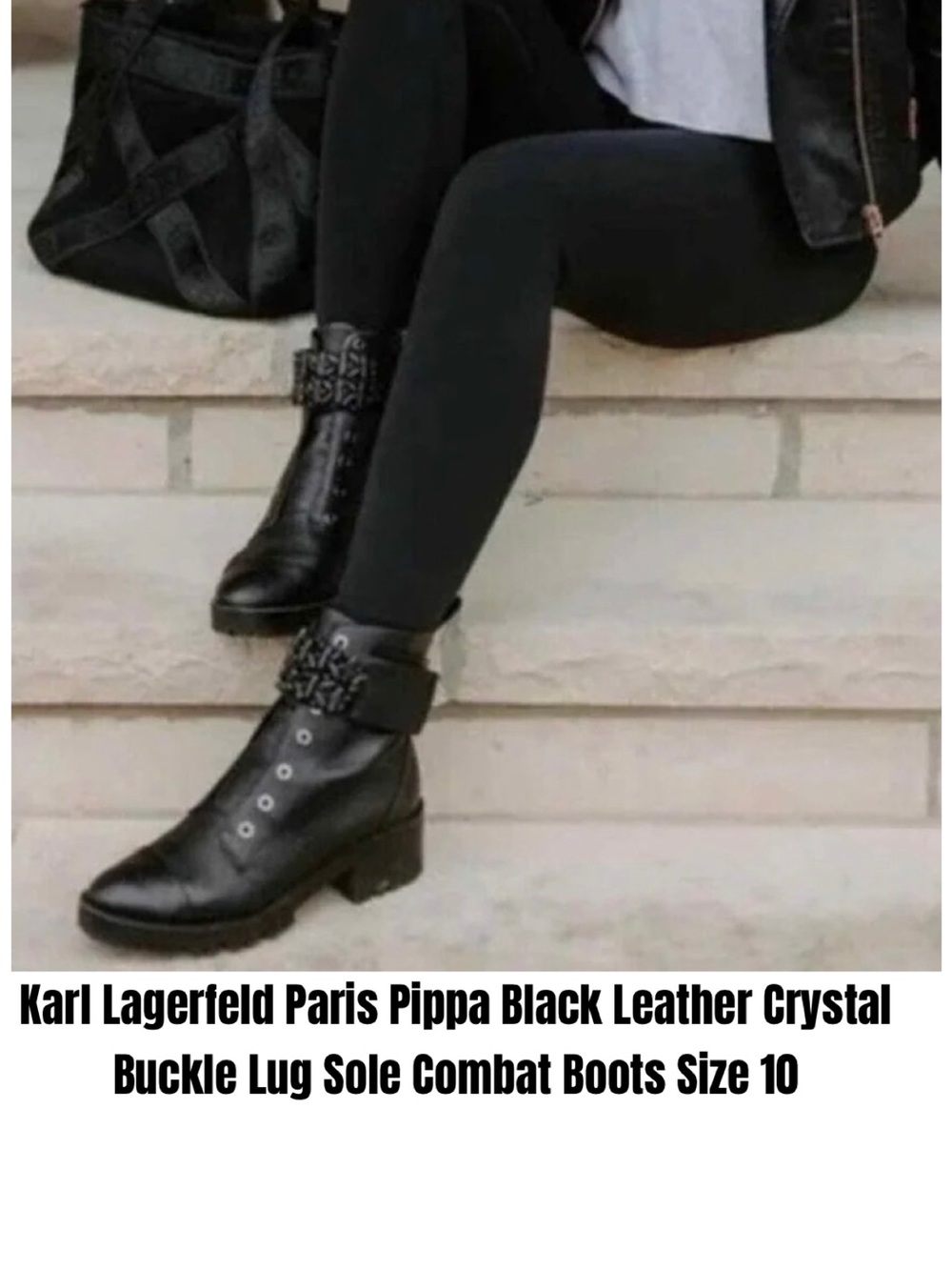 Karl Lagerfeld Paris Pippa Black Leather Crystal Buckle Lug Sole Combat Boots 10